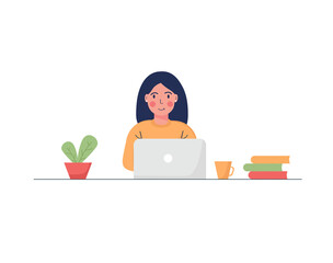 Fototapeta na wymiar Woman with laptop . Online education. Concept illustration for working, freelancing, studying, education, work from home