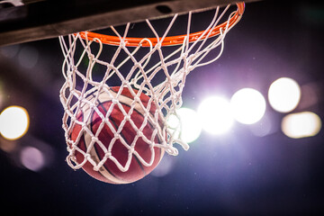 basketball game ball going through hoop