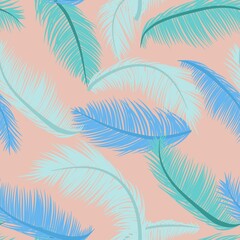 Fototapeta na wymiar Seamless pattern with palm leaves in blue green colours. 