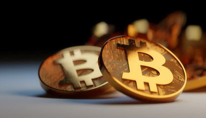 Close up shot of gold Bitcoins with depth of field isolated on black background. 3D Render.