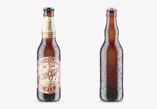 Amber Beer Bottle with Fresh Drops Mockup