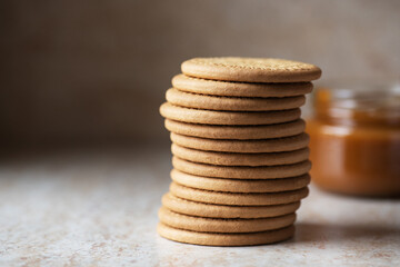 Stack of crunchy cookies. Galletas Maria popular Spanish crackers. Close up. - 505264693