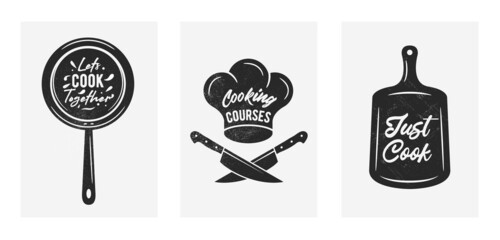 Vector kitchen posters. Vintage Cooking posters with cooking pan, chef hat, knifes, kitchen board and craft texture. Trendy retro design for Culinary school, food studio, cooking class. 