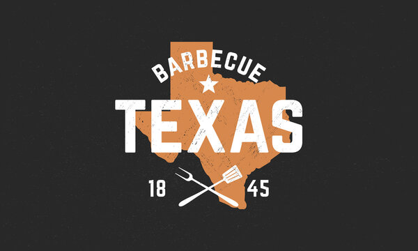 Texas Barbecue logo. Steak House, barbecue restaurant poster. BBQ trendy logo with Texas map, spatula and grill fork. Craft grunge texture. Vector emblem template.