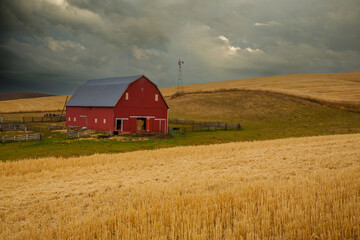 A red barn with a stormy sky in the fall season in the palouse wheat country in southeastern...