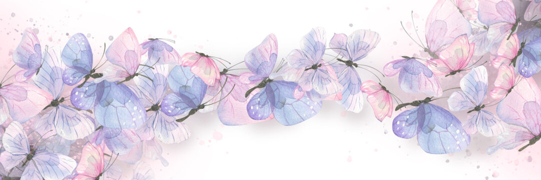 Delicate, soaring butterflies in pink and purple colors. Horizontal board, watercolor illustration. For the design and decoration of postcards, posters, stickers, wallpapers, banners, souvenirs.