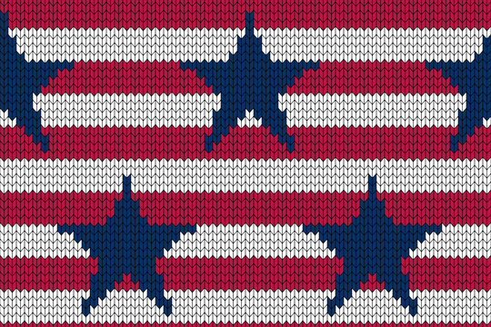 4th of July stars and stripes USA knitted Flag seamless pattern. Vector Illustration of Stars and Stripes Background for celebration holiday American President Day. Independence Day backdrop