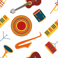 Music colorful seamless vector pattern with different music instruments. Fun modern design.