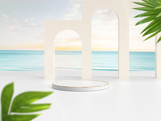 simple podium stage on shore colored background with beautiful windless sea and sky on a sunny day, 3d render and blended image