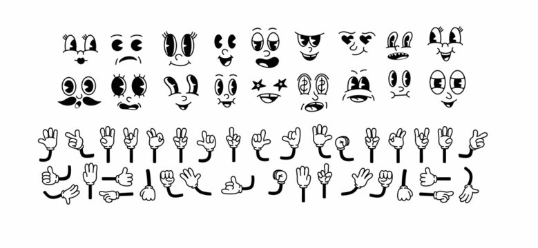 Vintage cartoon hands in gloves and characters . Cute animation character body parts. Comics arm gestures and faces set. Different arm movements and positions, isolated on white background 