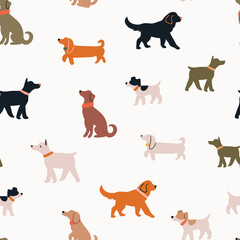 seamless pattern with hand drawn dogs. Trendy minimalist dog walk pattern on white. Perfect for kids apparel, fabric, textile, nursery decoration, wrapping paper - 505273059