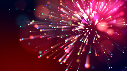 Fototapeta na wymiar 3d abstract beautiful background with light rays colorful glowing particles, depth of field, bokeh. Abstract explosion of multicolored shiny particles or light rays like laser show. 3d render