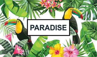 Tropical Hawaiian card template with birds, palm leaves and exotic flowers. Summer design. Vector illustration.