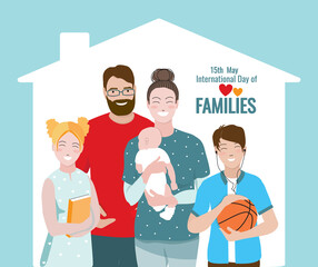 Happy family of mother, father, baby, daughter, son stay together at home. International Day of Families on 15 of May. Cute characters of smiling parents and siblings. Flat vector horizontal banner.