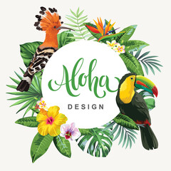 Tropical Hawaiian card template with birds, palm leaves and exotic flowers. Summer design. Vector illustration. - obrazy, fototapety, plakaty