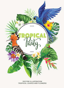 Tropical Hawaiian card template with birds, palm leaves and exotic flowers. Summer design. Vector illustration.