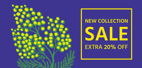New Collection Sale Discount Banner Template. Beautiful stylish background with contour design of mimosa flowers. Season banner