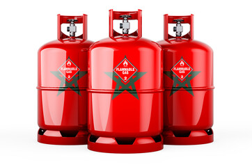 Moroccan flag painted on the propane cylinders with compressed gas, 3D rendering