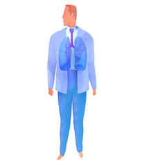Watercolor style human respiratory system 3d illustration. Anatomical image of a man seen from the front.