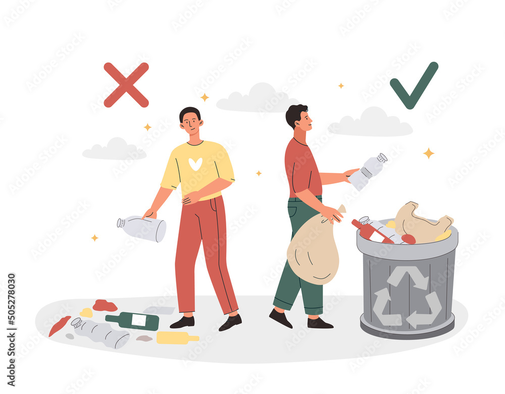 Poster correct and wrong behavior of littering waste. man throws garbage into can against guy throwing garb