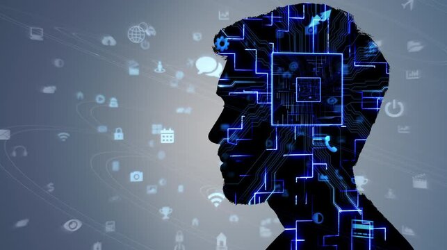 Close Up of Man Silhouette with Circuit Board. Internet of Things, Artificial Intelligence, Futuristic Concept. Technology Icons.