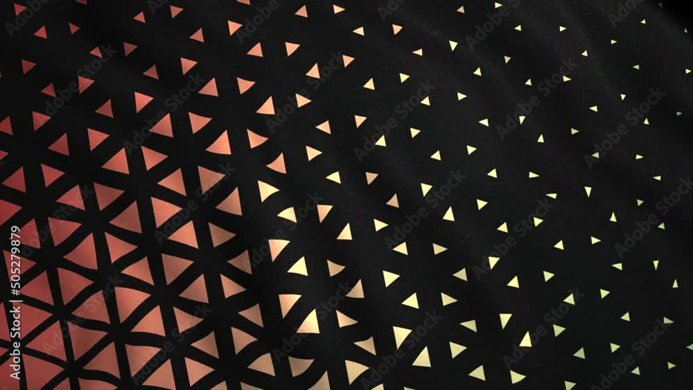 Poster animated 3d waving cloth texture with orange and black stripes and triangles, seamless loop. motion.