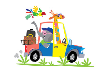 Funny giraffe elephant and parrot traveling by car