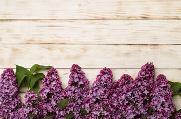 Lilac branches on wooden background, top view. Spring flowers concept