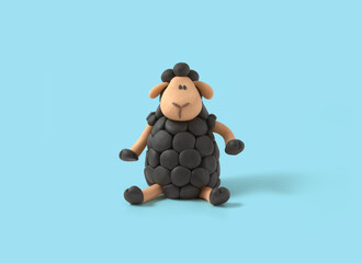 Cute sitting black sheep made of plasticine on blue background, Clay black sheep, outstanding, different, competitive, rebel. 3d artwork - obrazy, fototapety, plakaty