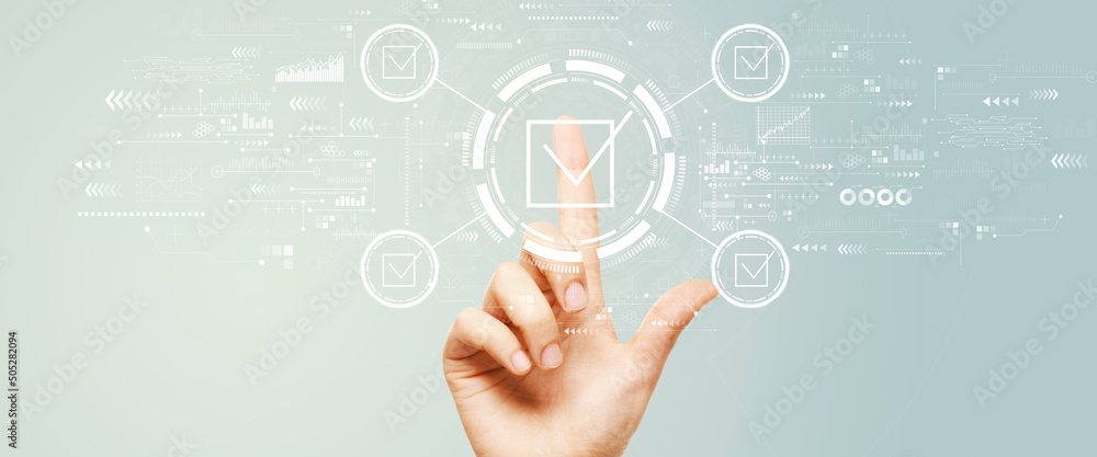Poster checklist concept with hand pressing a button on a technology screen