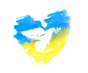 Ukrainian flag shape of heart dove peace watercolor isolated on white background. Watercolor abstract drawing Ukrainian flag in heart.