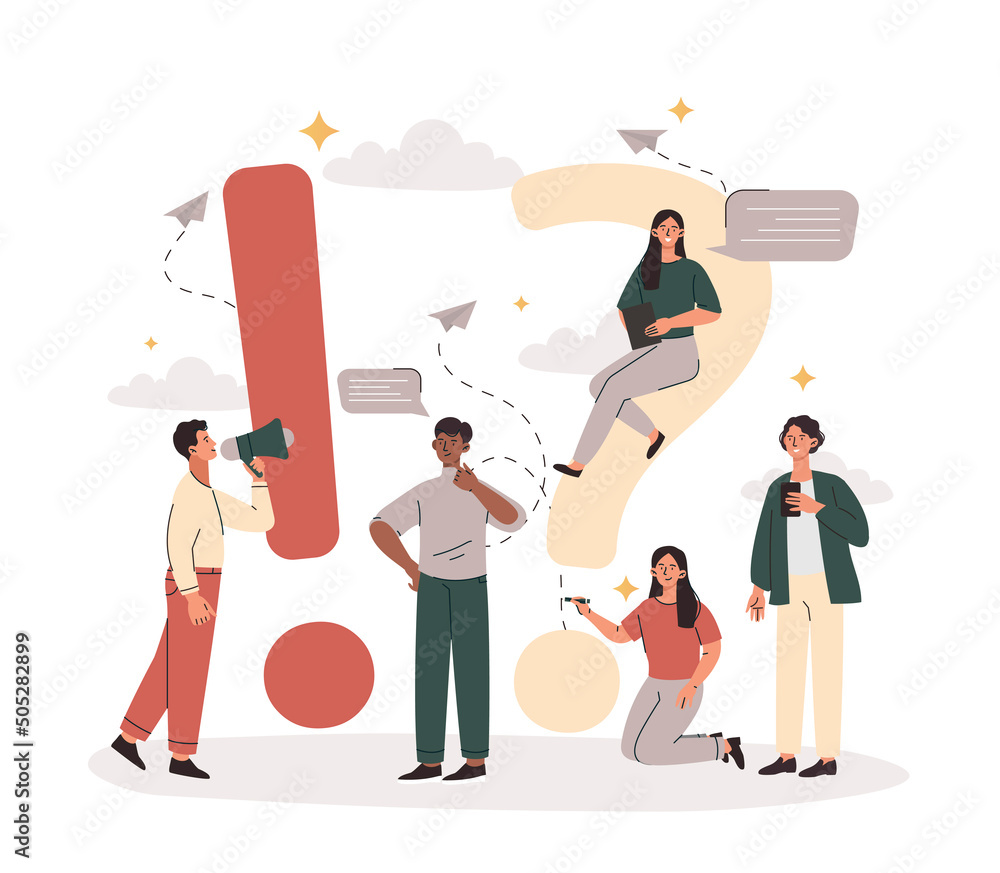 Aufkleber frequently asked questions concept. men and women next to question and exclamation mark, think and l