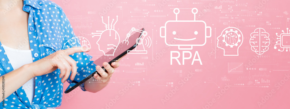 Aufkleber robotic process automation rpa theme with young woman using a tablet computer
