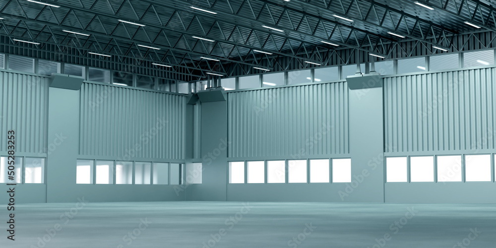 Poster hangar empty rendering. empty building for product storage. hangar empty panoramic view. premises fo