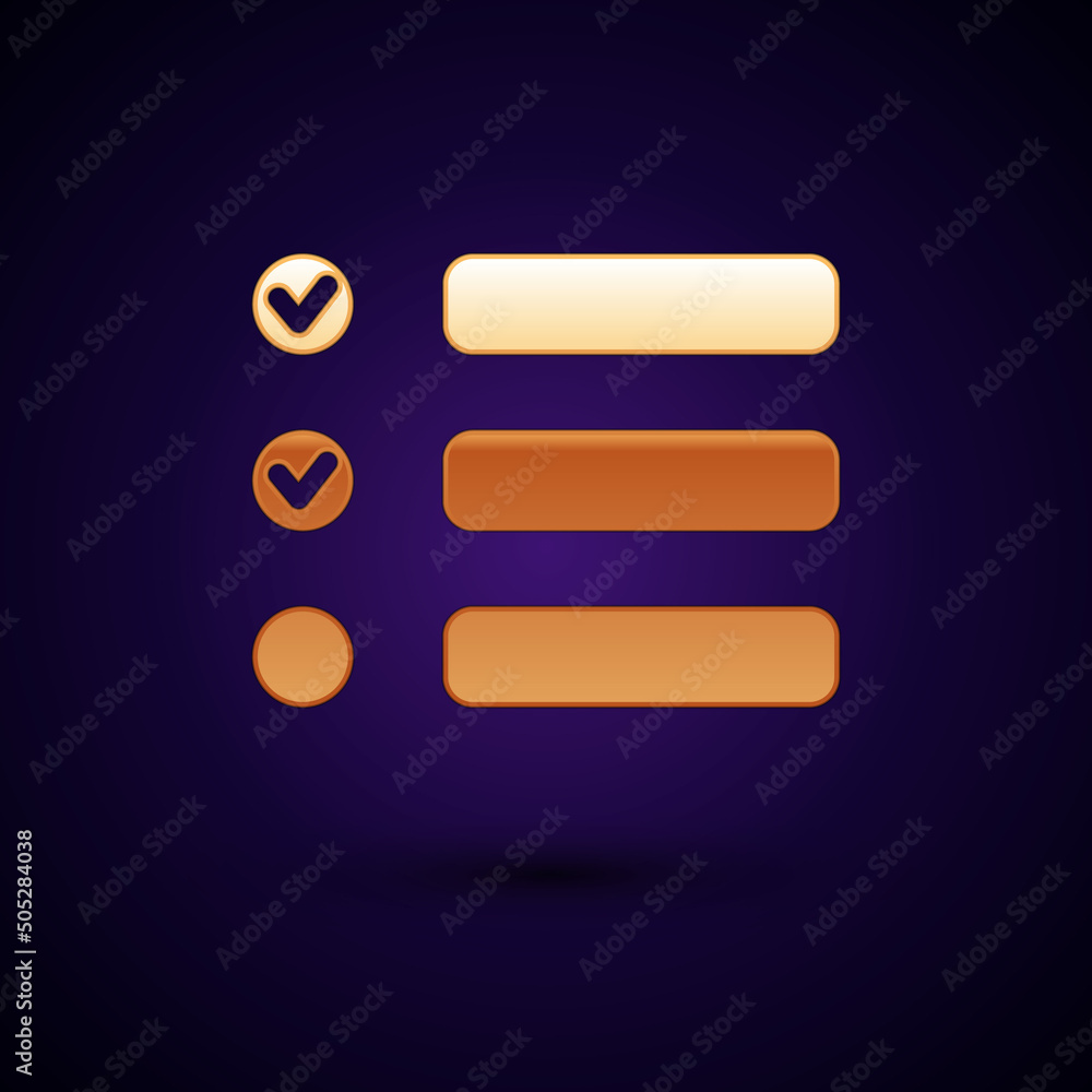 Poster gold task list icon isolated on black background. control list symbol. survey poll or questionnaire 