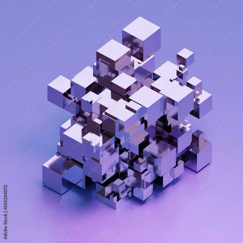 Poster random blue and violet metallic abstract geometric shape cube blocks 3d render illustration