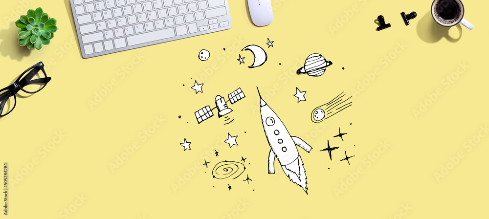 Aufkleber dream of space and rocket with a computer keyboard and a mouse