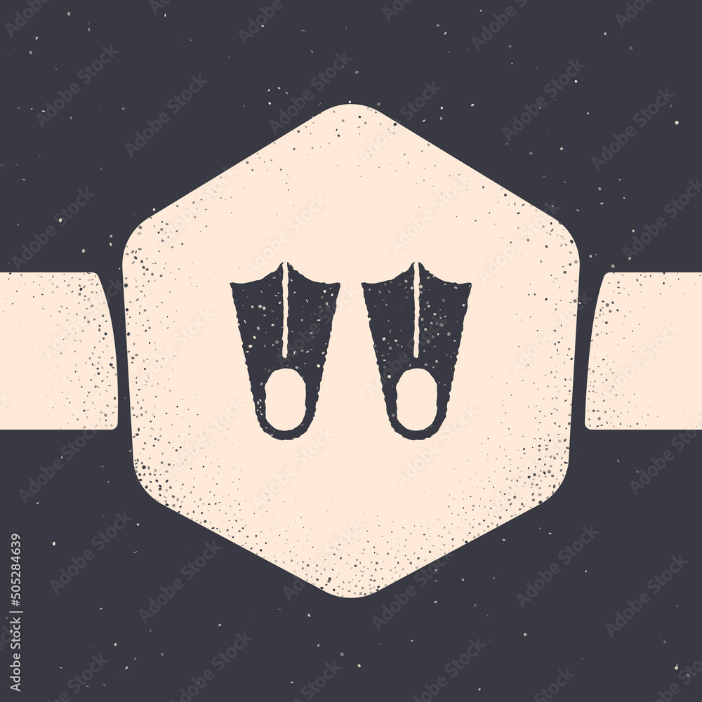 Poster Grunge Rubber flippers for swimming icon isolated on grey background. Diving equipment. Extreme sport. Diving underwater equipment. Monochrome vintage drawing. Vector