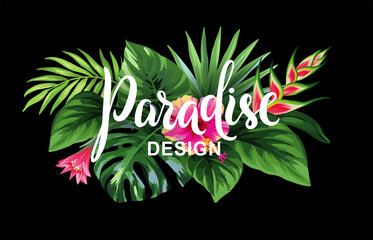 Tropical Hawaiian card template with palm leaves and exotic flowers. Summer design. Vector illustration. © Anna Sm