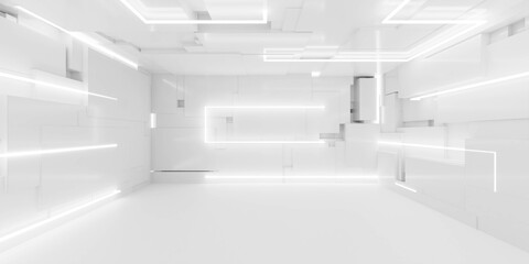 bright white studio futuristic light interior with metallic reflections 3d render illustration - obrazy, fototapety, plakaty