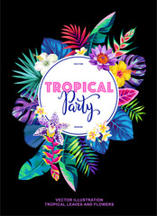 Tropical Hawaiian card template with palm leaves and exotic flowers. Summer design on a black background. Vector illustration. © Anna Sm