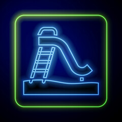 Glowing neon Kid slide icon isolated on blue background. Childrens slide. Vector