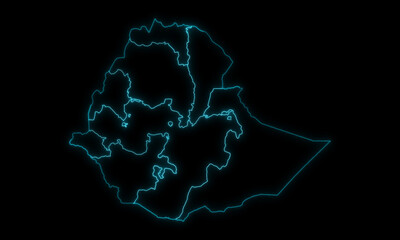 Outline Map of Ethiopia with Regions in Black Background