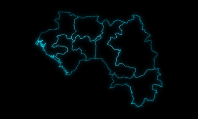Outline Map of Guinea with Regions in Black Background
