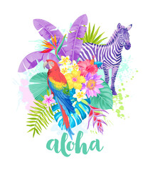 Tropical summer design for T-shirt. Wild animals, birds, palm leaves and flowers. Vector illustration.