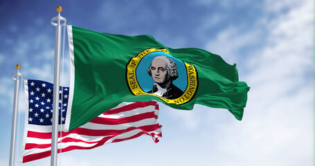 The Washington state flag waving along with the national flag of the United States of America - obrazy, fototapety, plakaty