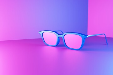 Pink glasses on a pink-blue background. Abstract glasses, color combination. The concept of minimalism and modernity. 3d render, 3d illustration.