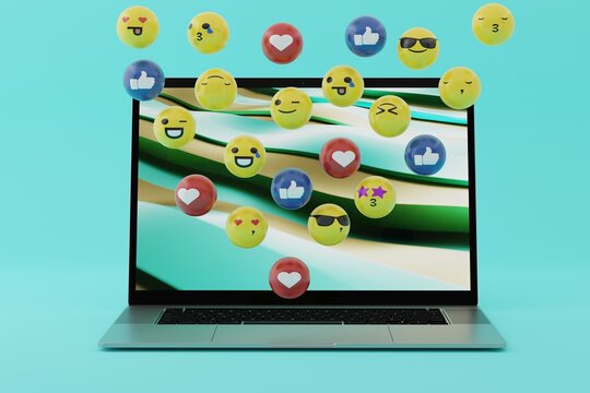Emoticons coming out of the computer, laptop. Social media concept, using emoticons among internet users. Emoji in use. 3D render, 3D illustration.