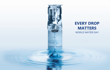 World Water Day. Drop flowing from tap with splash on light background