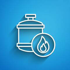 White line Propane gas tank icon isolated on blue background. Flammable gas tank icon. Long shadow. Vector